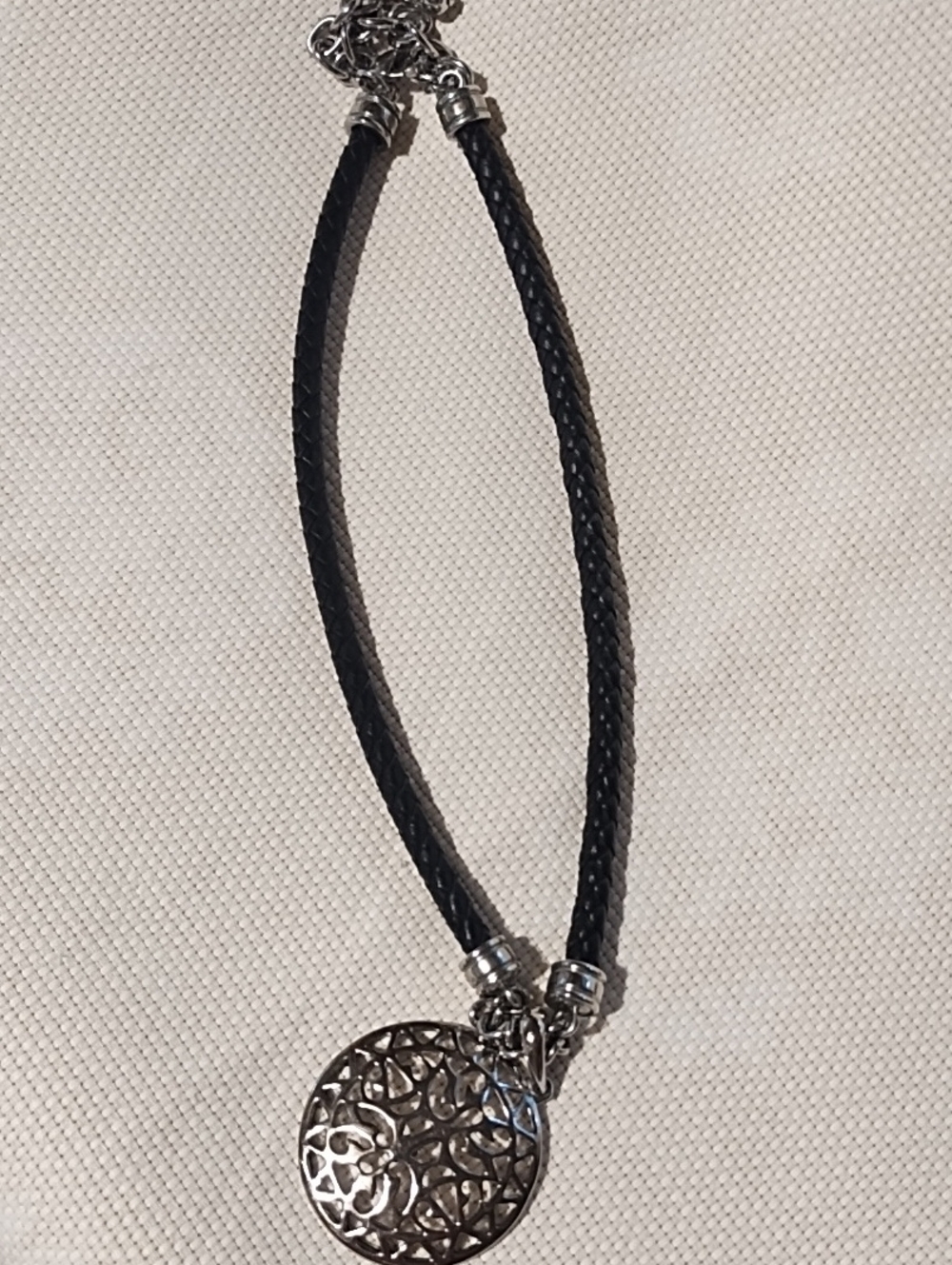 Black Braided Leather Necklace with Silver Filigree Pendant EUC.